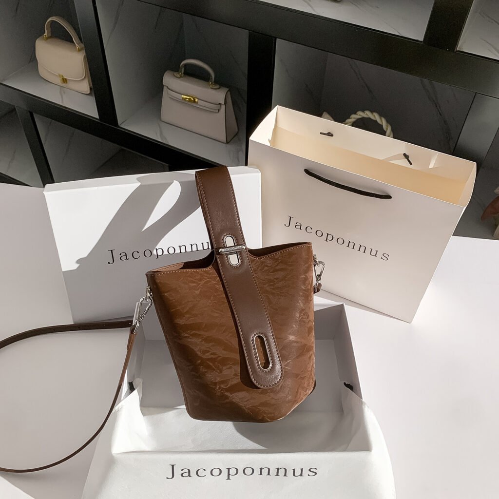 Vintage Wrinkled Faux Leather Bucket Bag, Women Top Handle Shoulder Crossbody Handbag